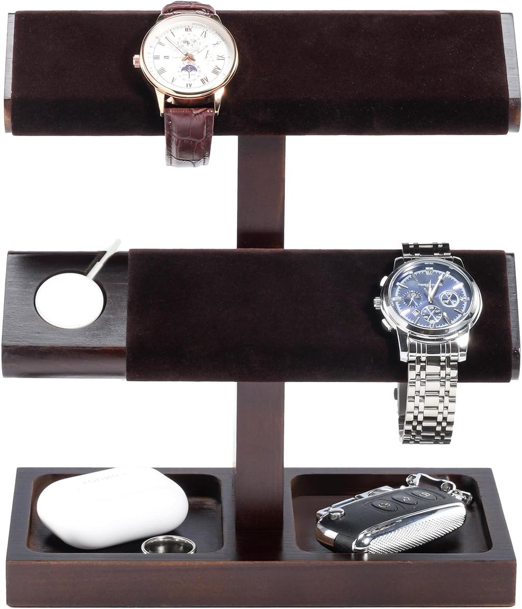 Houten Horloge Stand, T-Bar Display voor Horloges, Dubbel Niveau Horloge Houder in Donkerbruin, Perfect voor Verzameling en Presentatie