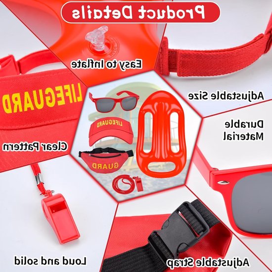 5-delige Lifeguard Fancy Dress Set voor Halloween met Hoed, Heuptas, Fluit en Zonnebril voor Zwembadfeestjes — afbeelding 5
