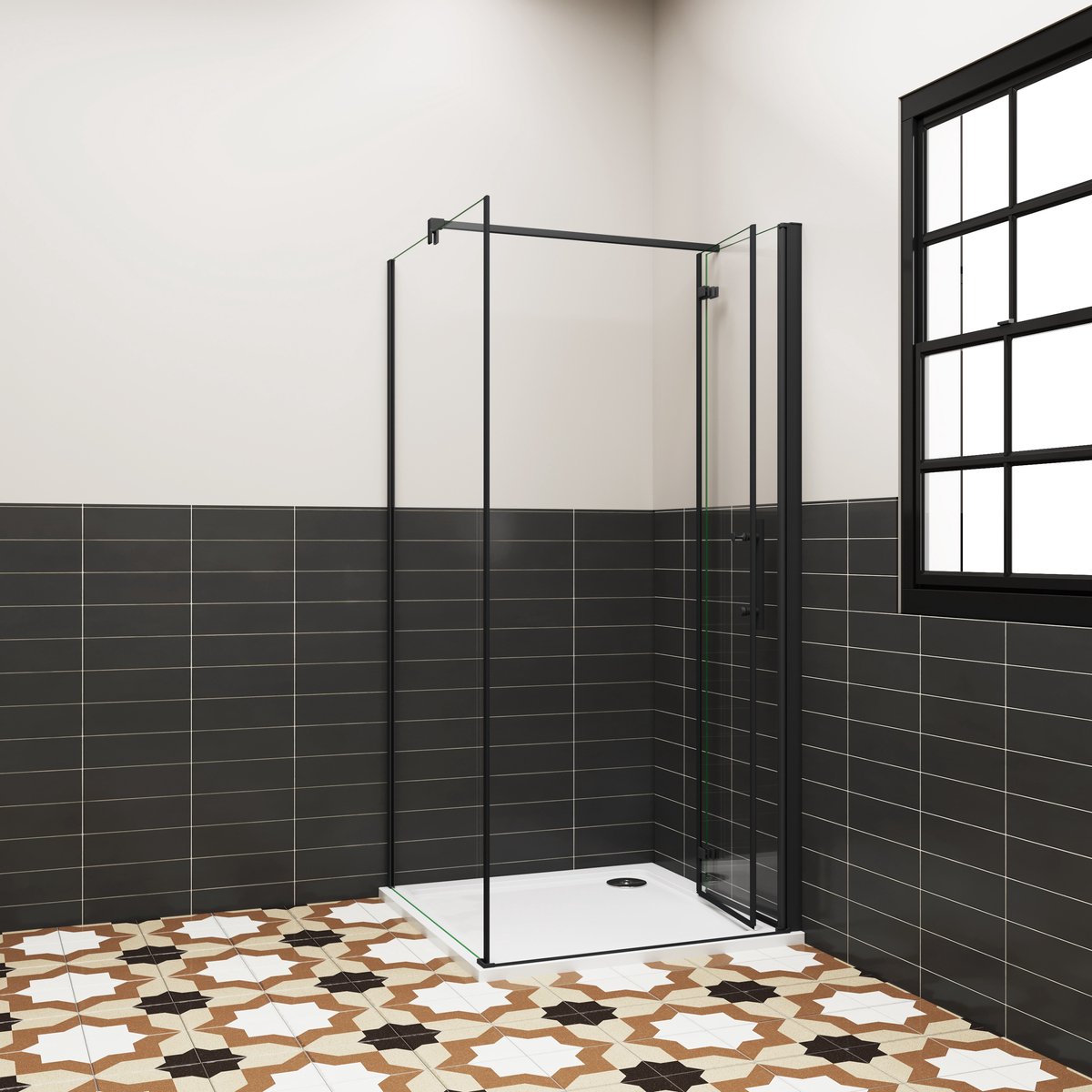 Aica douchecabine 76x80x195cm vouwdeur en vaste zijwand 6mm helder EasyClean veiligheidsglas mat zwarte aluminium frame F-vorm 90cm Stabilisatiestang incl. douchebak