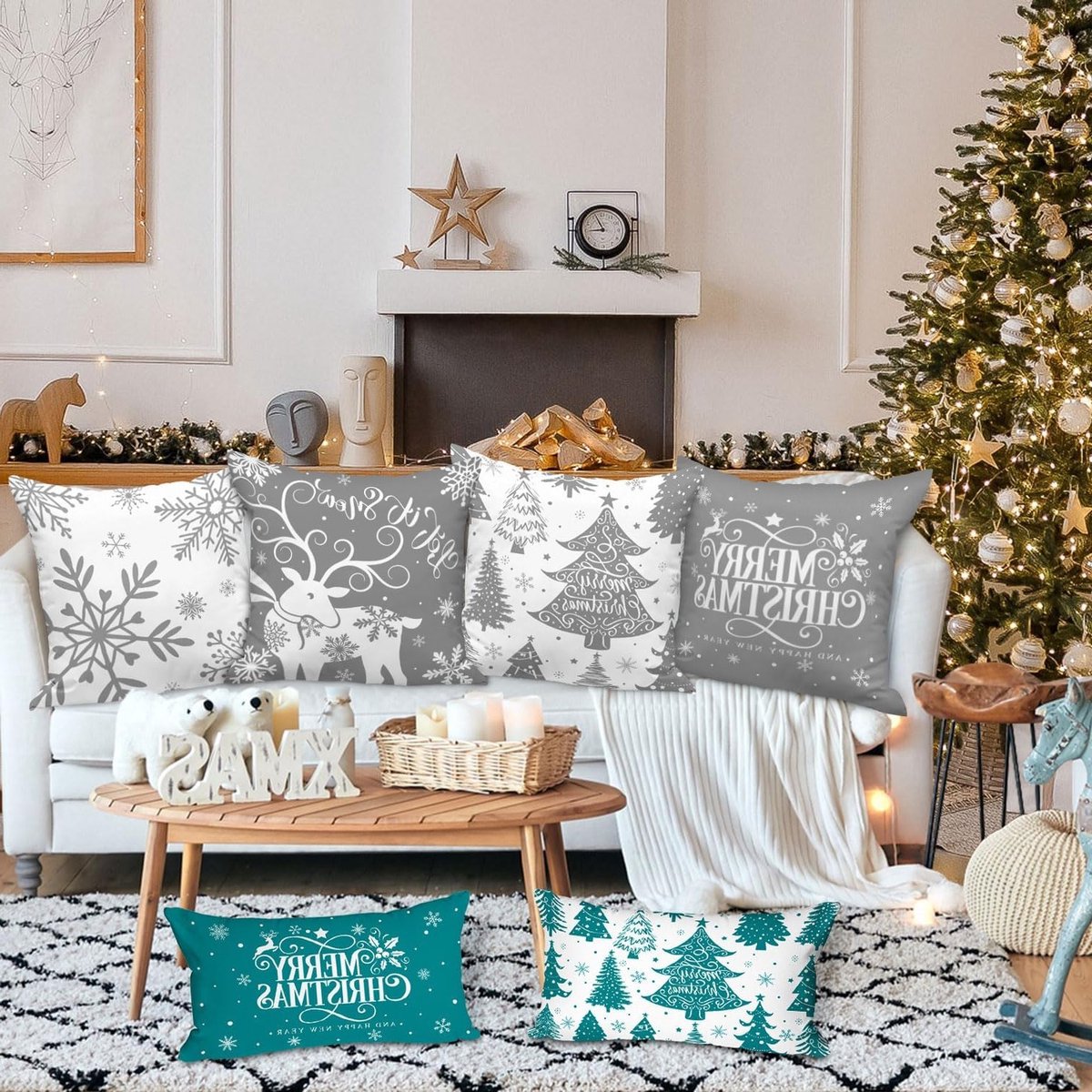 Set van 4 Decoratieve Kerst Kussenslopen 40x40cm met Grijze Sneeuwvlokken voor Binnengebruik, Perfect voor de Bank en Winterdecoratie