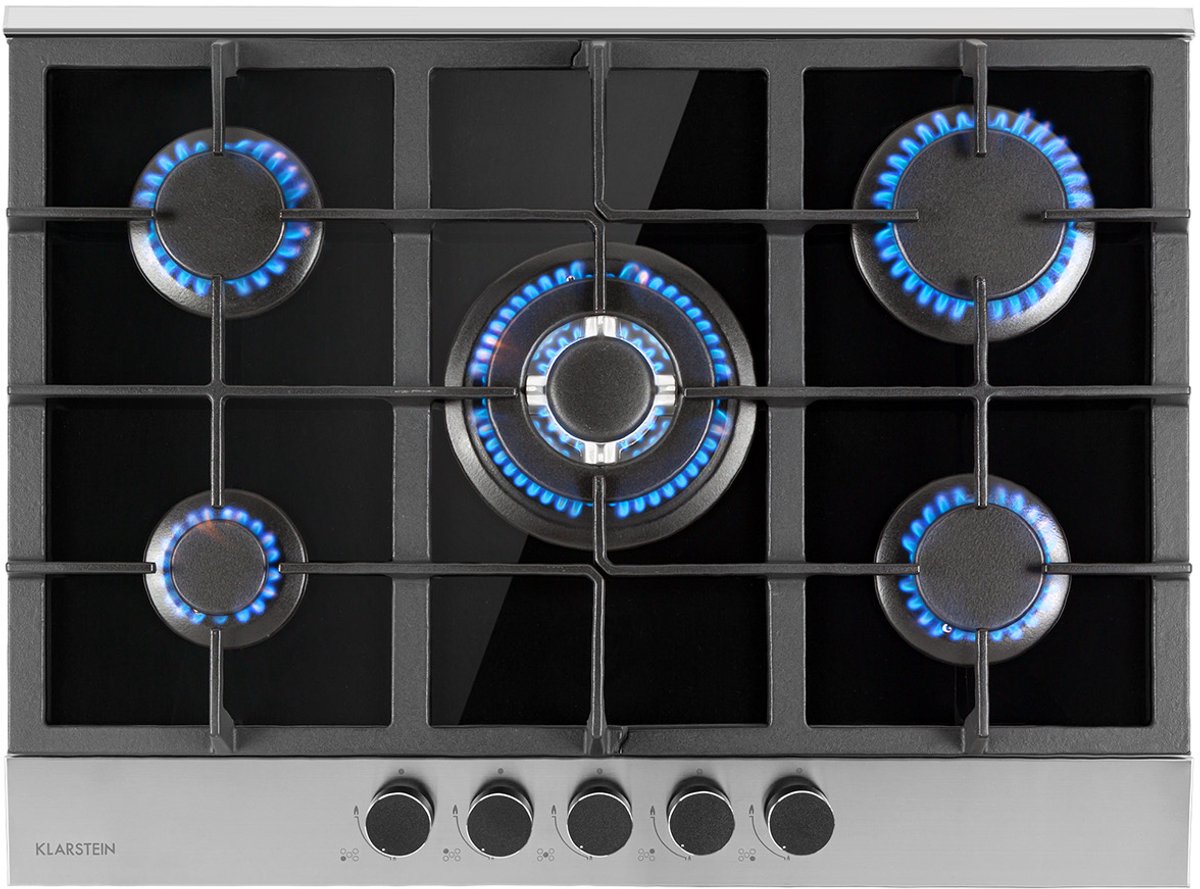Klarstein 5-pits gasfornuis, 10,4 kW inbouw gasfornuis voor binnengebruik, roestvrijstalen gasfornuis voor campers, 5-pits gasfornuis, modern inbouw gasfornuis, vijfpits gasfornuis