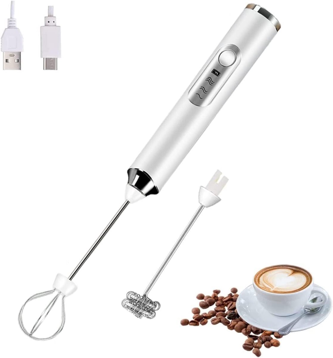Draagbare elektrische melkschuimer met 2 koppen, oplaadbaar via USB met 3 snelheden, schuimmixer voor latte, cappuccino, warme chocolademelk en eieren (wit)