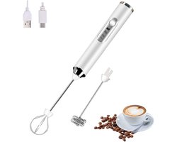 Draagbare elektrische melkschuimer met 2 koppen, oplaadbaar via USB met 3 snelheden, schuimmixer voor latte, cappuccino, warme chocolademelk en eieren (wit)