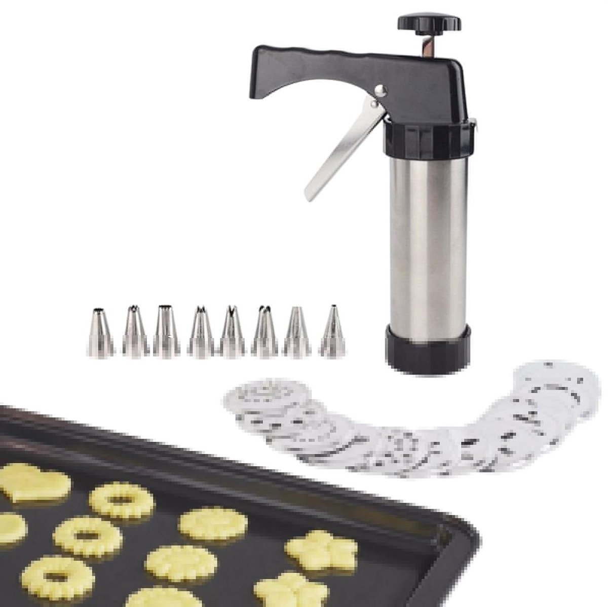 Koekjespers Set - Koekjesmaker Deegspuit - Bakken Decoreren - Roestvrij Staal - 24 cm - Zilver