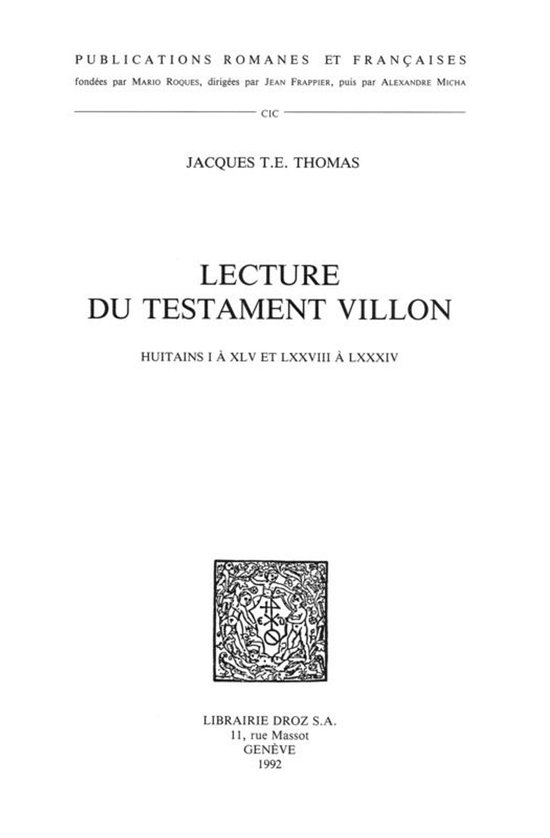 Publications Romanes et Françaises - Lecture du Testament V ... - cover