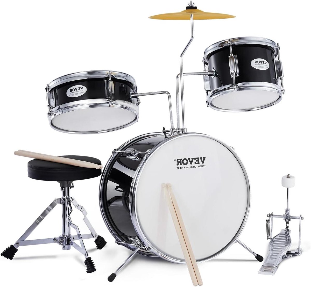 Kinderdrumset 3-delig - Muziekinstrument Set - Muziek Maken Leren - Verstelbare Troon - 14 Inch Bassdrum - Zwart