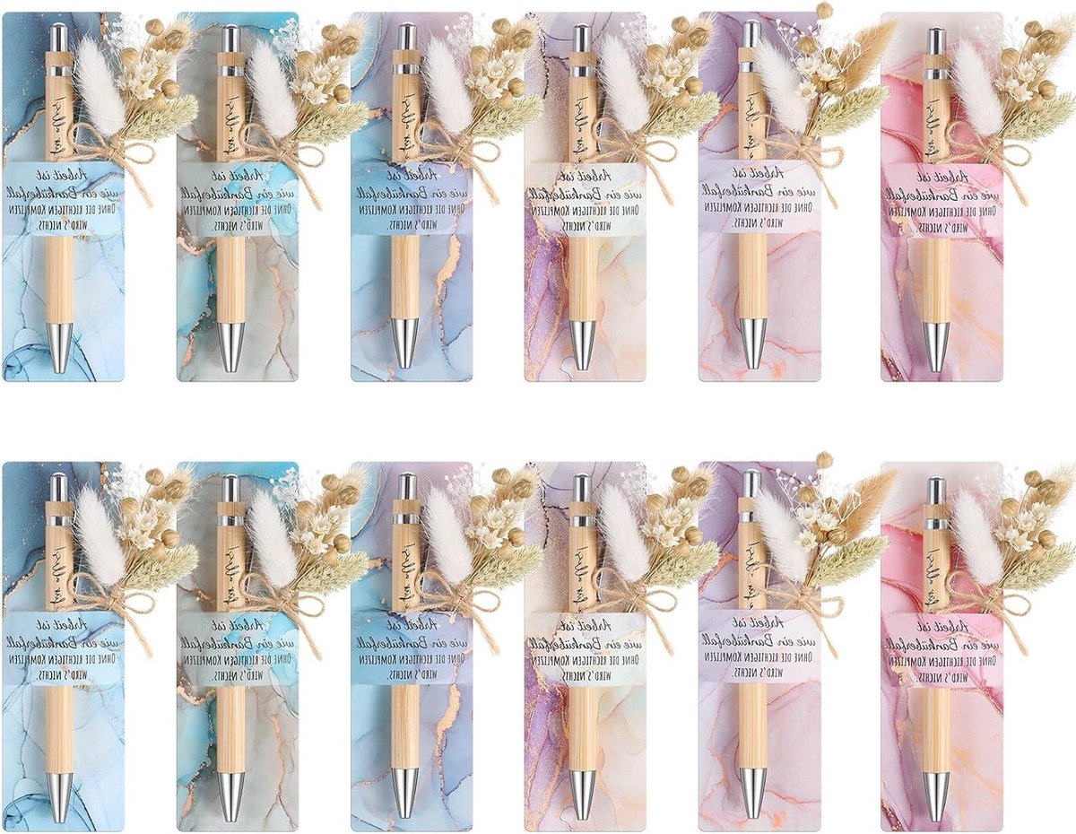Cadeaus met Houten Balpen en Gravering, Boeket van Echte Gedroogde Bloemen, Perfect voor Afscheid van Leraar of Collega (12 Sets, Marmerkleur)