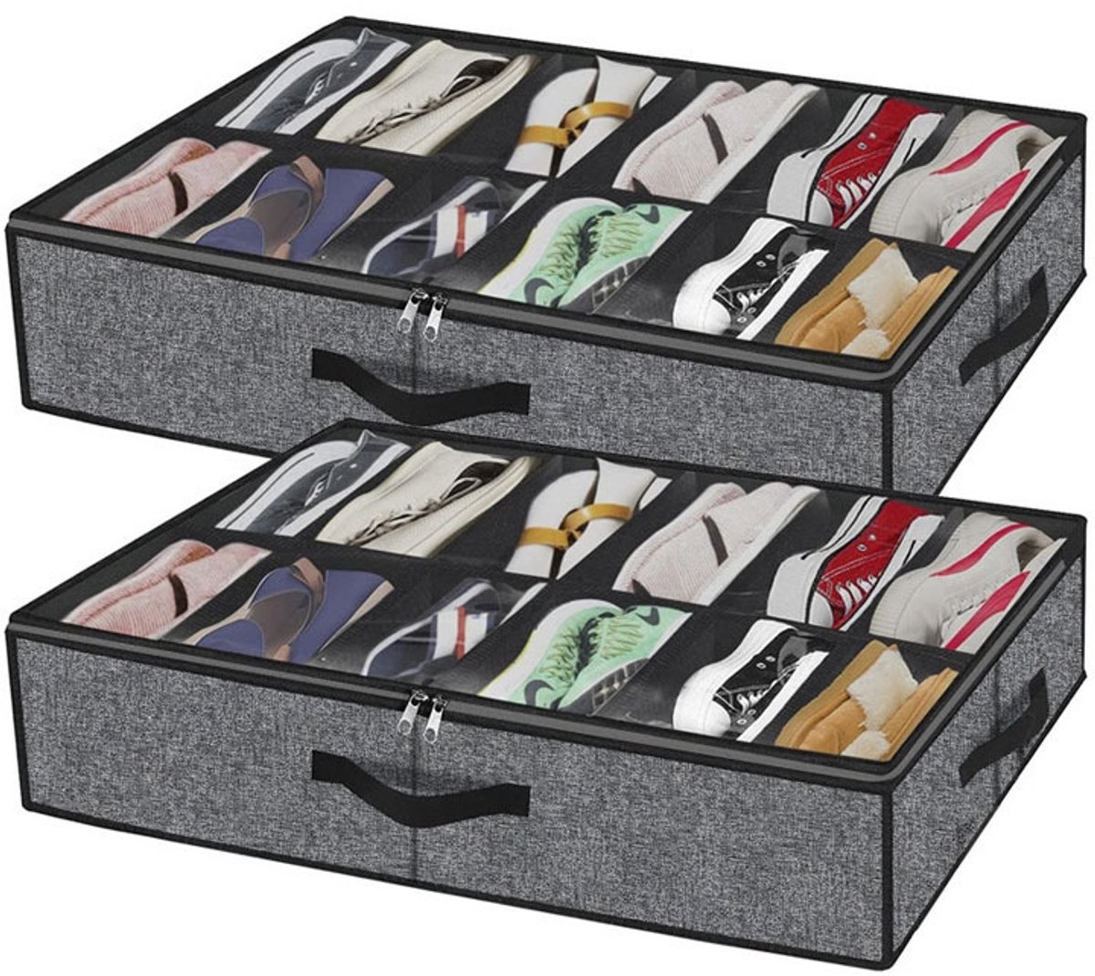 KZQ Set van 2 schoenenorganizers - Opbergtas voor onder het bed - Opvouwbare schoenenorganizer - Geschikt voor 12 paar schoenen - Stevige en duurzame opbergbox voor onder het bed - Voorzien van 4 handvatten en 2 ritsen - 75 x 60 x 15 cm - Grijs