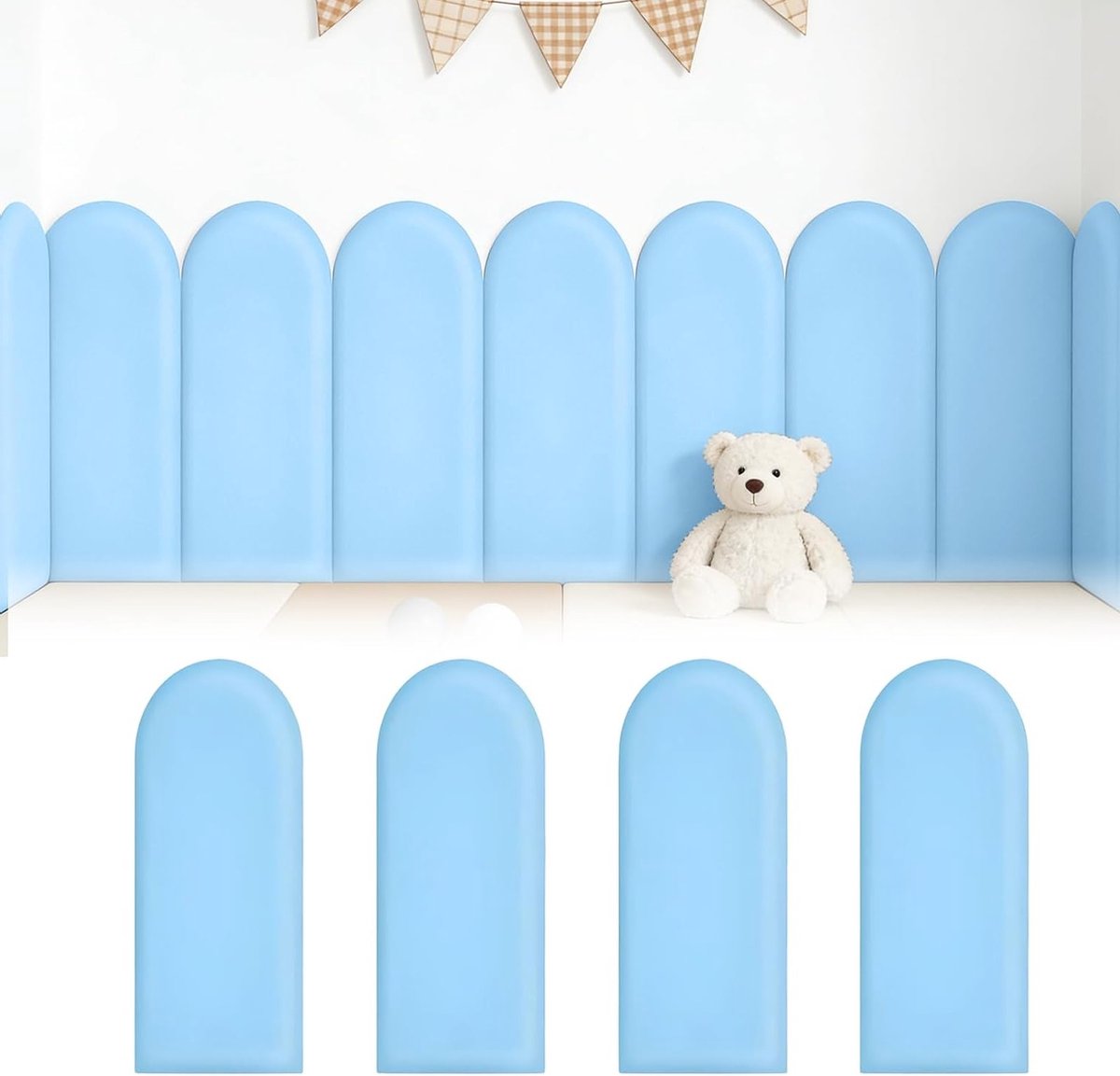Set van 4 Zelfklevende 3D Wandpanelen voor Kinderen, Waterdichte Wandkussens als Bedhoofdeinde en Botsingsbescherming, Hemelsblauw 20 x 40 cm