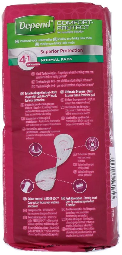 Depend Comfort-Protect verpakking, paars met groene band en uitleg over absorptie.