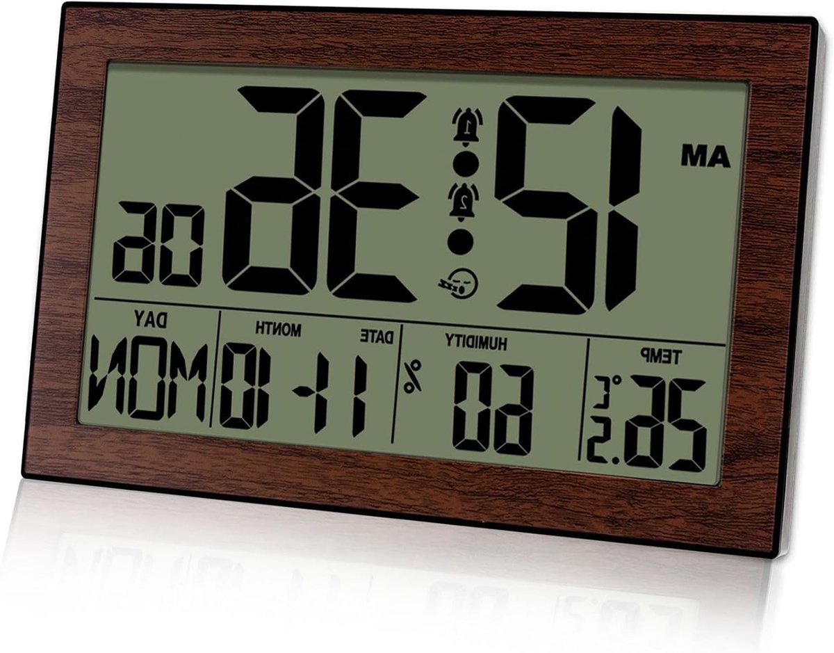 Digitale Wandklok met Temperatuur- en Vochtigheidsweergave, Batterijgevoede Klok voor Slaapkamer, Woonkamer en Kantoor, 12/24 Uur Weergave, Bruin Design
