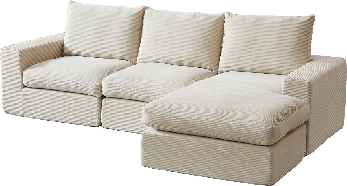 Merax Boneless Hoekbank Met Chaise Longue Van Cord – L Vorm Moderne Modulaire Bank Met 3 Kussens – Geen Montage Nodig – Beige