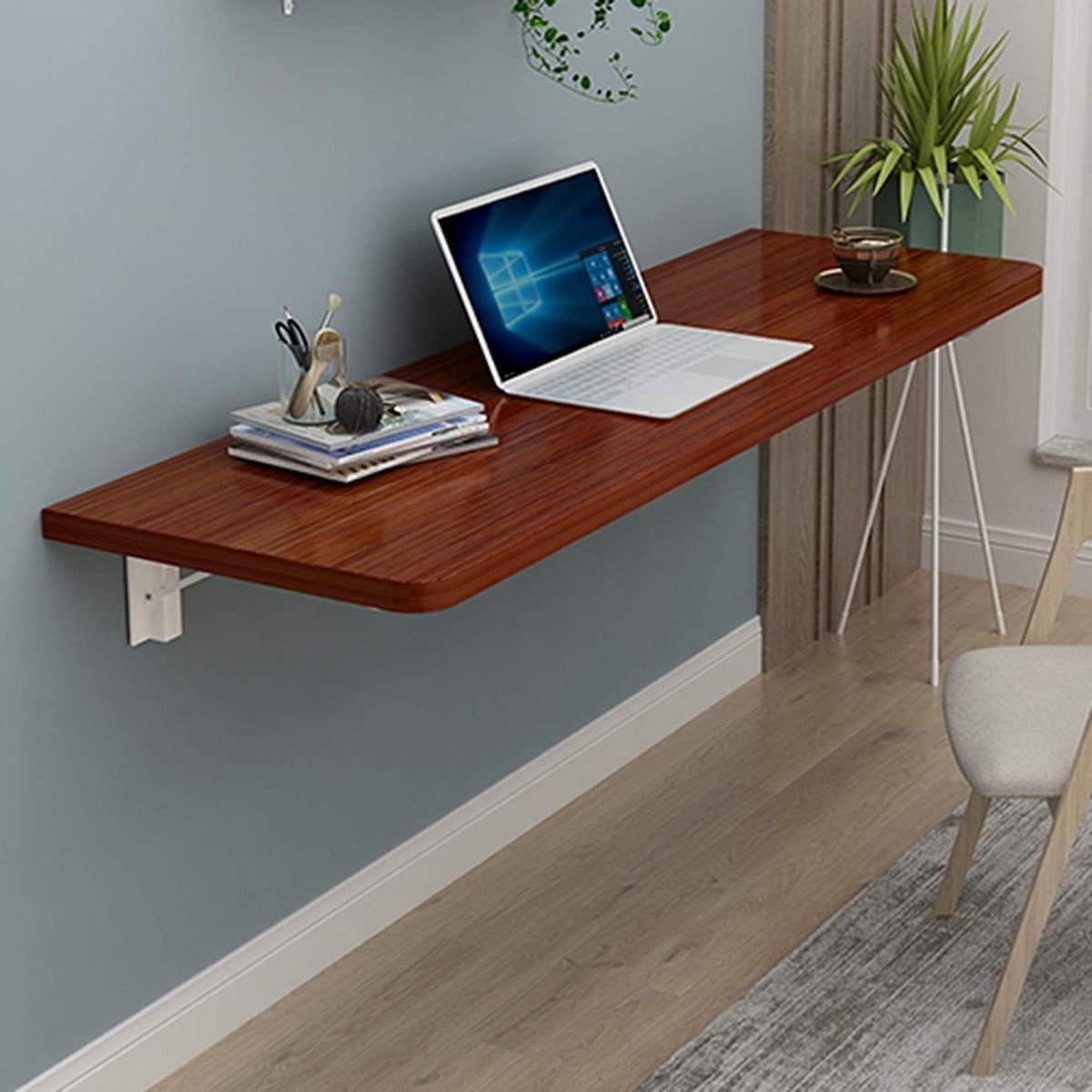 Opvouwbaar Bureau - Wandmontage Tafel - Ruimtebesparend Werken - Dubbele Ondersteuning - 70x35cm - Houtkleur