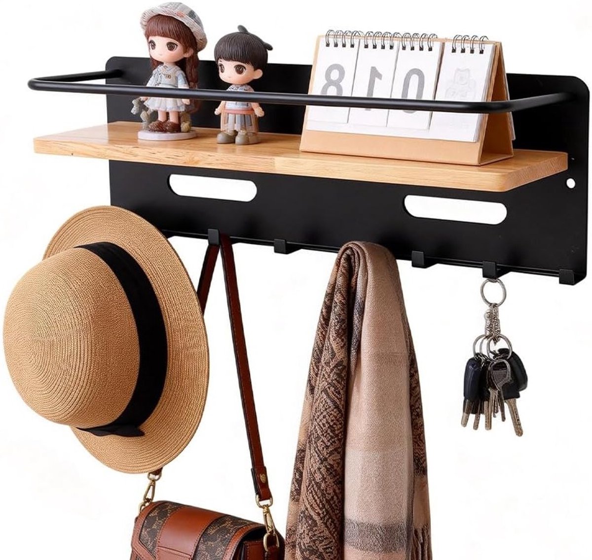 Houten Sleutelhanger met Plank voor Muur - 8 Sleutelhaken voor Entree, Hal en Slaapkamer - Decoratief en Functioneel Sleutelkastje