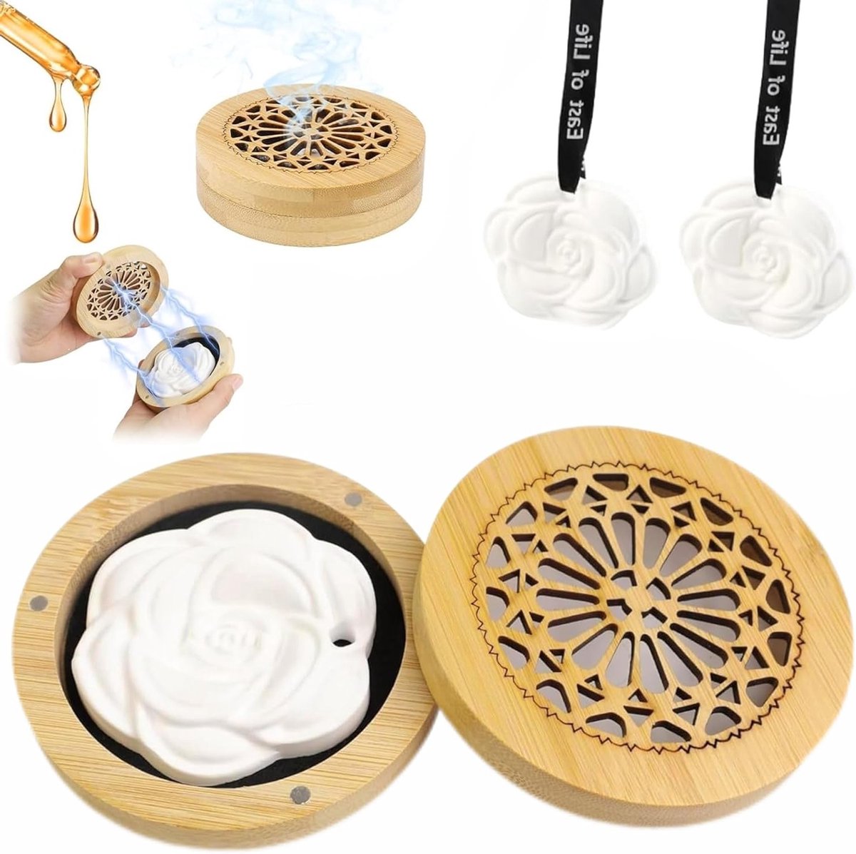 Geuroliënstenen met Houten Doos - Kleine Diffuser voor Slaapkamer, Badkamer, Kantoor en Auto - Aromatherapie en Luchtverfrisser