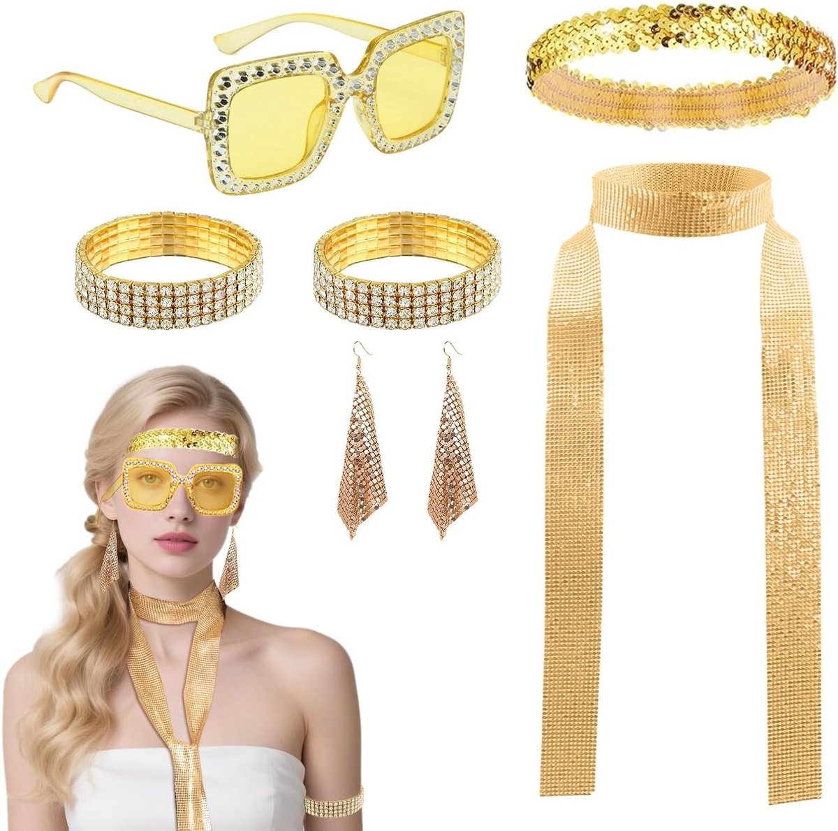 Disco kostuumset voor vrouwen met accessoires uit de jaren '70 - brillen, haarband, ketting en meer voor een 70s themafeest