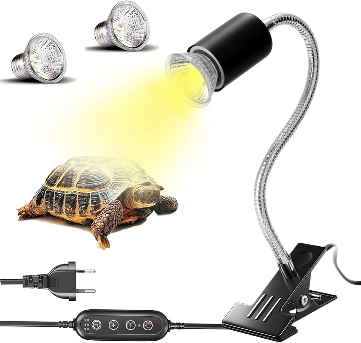 Verwarmingslamp voor Reptielen met Timer en 2 UVA UVB 50W - Terrarium Lamp met 360° Draaibare Klem voor Schildpadden, Slangen en Hagedissen