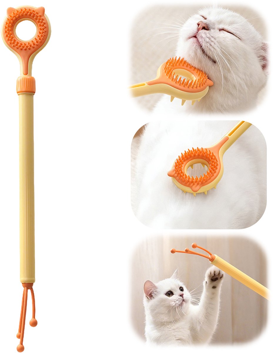 Ulisem - Krabbertje voor huisdieren - Uitschuifbaar 36-55 cm - Dubbelzijdig massagetool - Kattenkrabber en speelgoed in één - Zachte rubberen kop - ABS harde kop - Lichtgewicht - Geschikt voor katten - Houten handvat