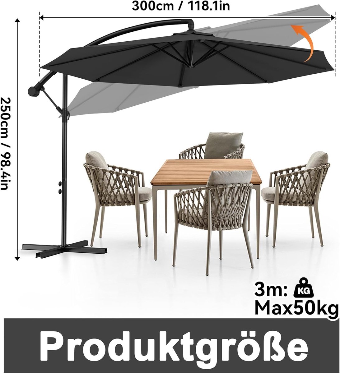 Zweefparasol Aluminium - Tuinparasol Met Sl slinger - Zomerse Schaduw Creëren - Extra Stevige Baleinen - Ø 300cm - Donkergrijs – foto 8