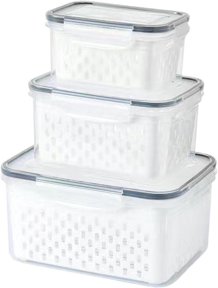 Voedselbewaardozen - Vershoudbakjes - Keuken organiseren - Met zeefinzet - 3-delige set - Wit