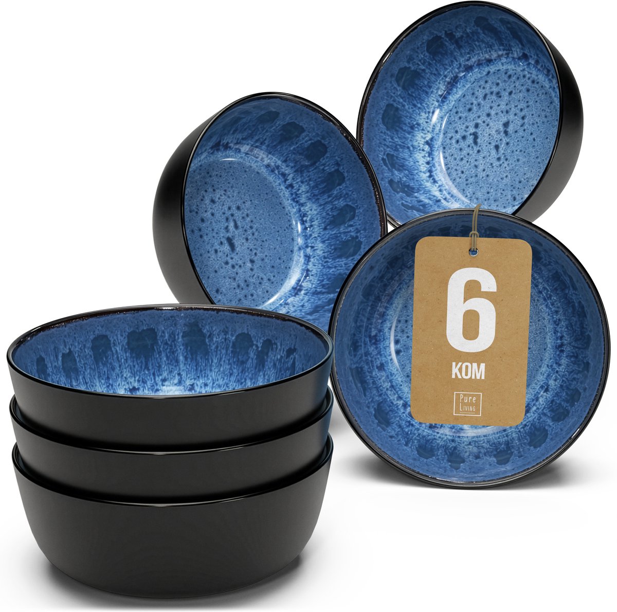 Pure Living Set Van 6 Kommen - 700ml - Diepblauw - Aardewerk - Vaatwasserbestendig - Magnetronbestendig - Ibiza Dark