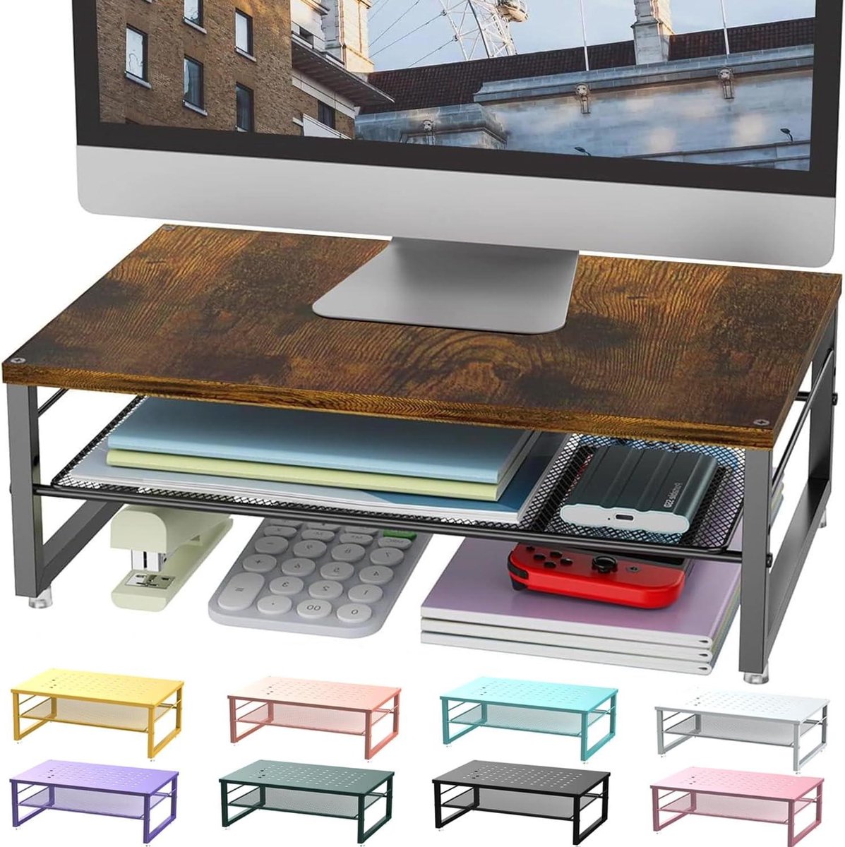 Metalen Monitor Stand - Bureau Organizer - Bureau Organiseren - Dubbellaags Ontwerp - 368 cm Lengte - Hout