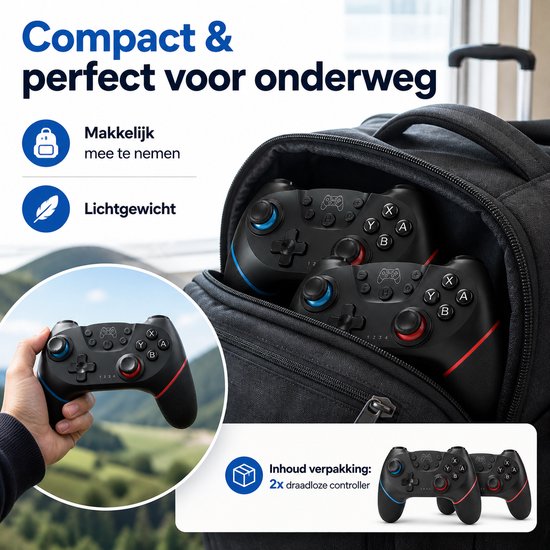 Zwarte draadloze controllers, blauw en rood, in een rugzak, met één in de hand en twee in de verpakking.