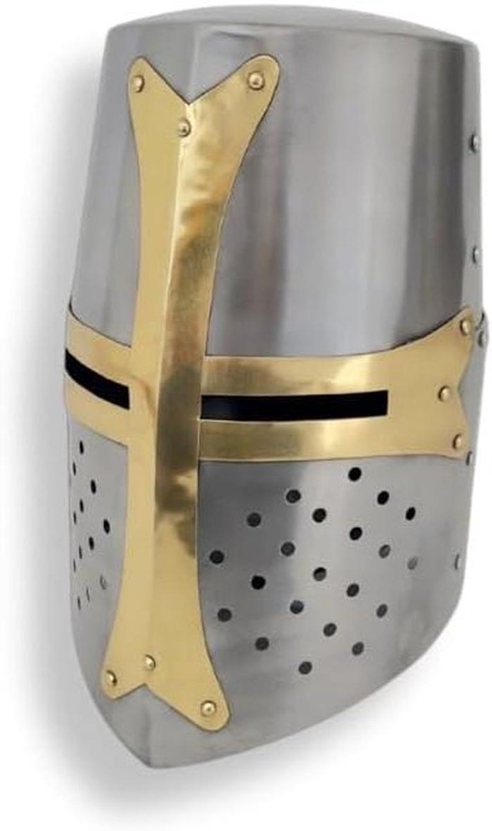 Ridder Helm - Tempeliers Helm Kruisvaarder - Historische Re-enactment - Koolstofstaal Met Messing - 181 kg - Zilver