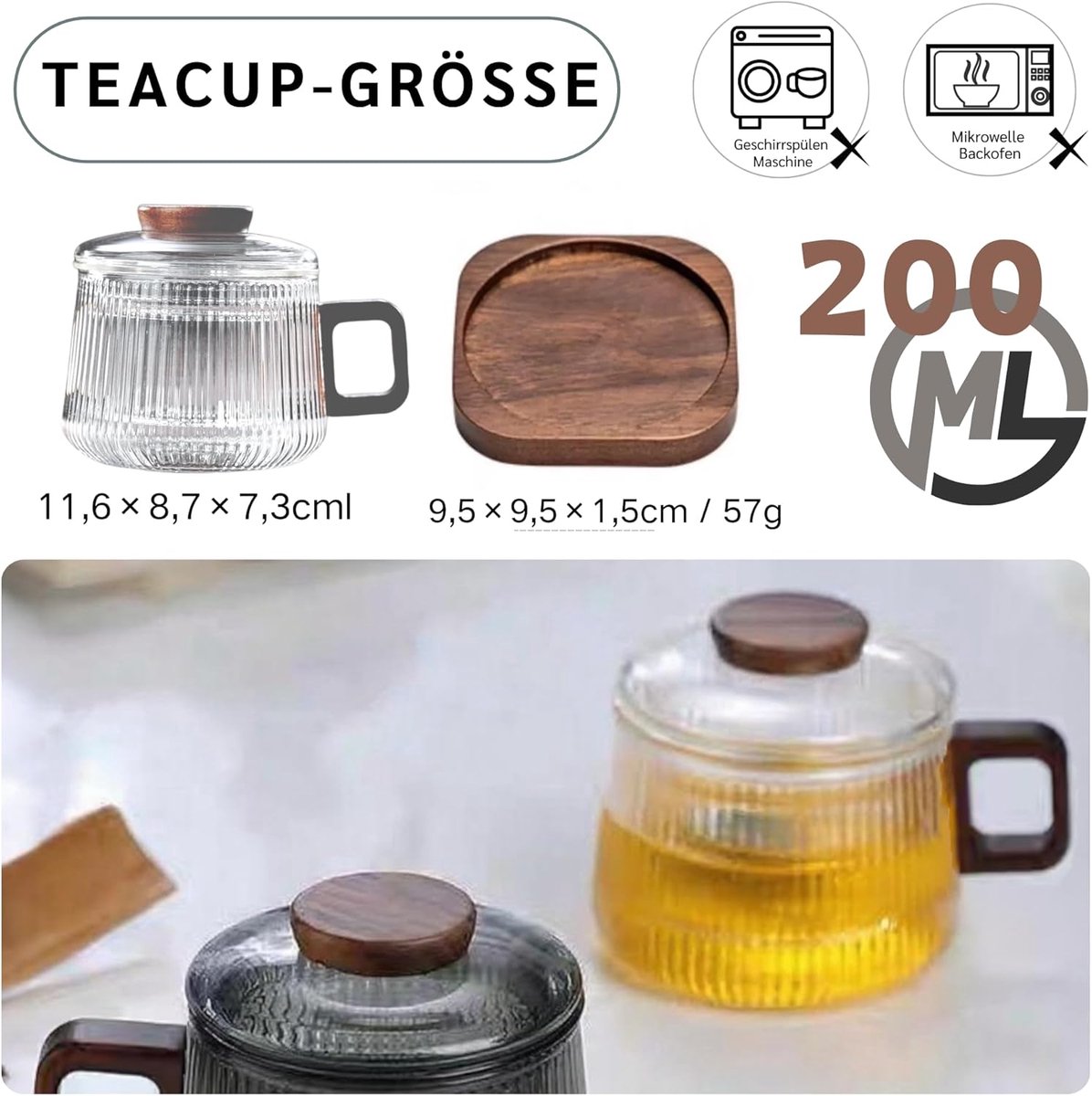 Glazen Theeglas - Theebeker met Zeef - Thee Zetten - Anti-scald Handvat - 200 ml - Transparant Gestreept — cadeau in Kookcadeaus - foto 6
