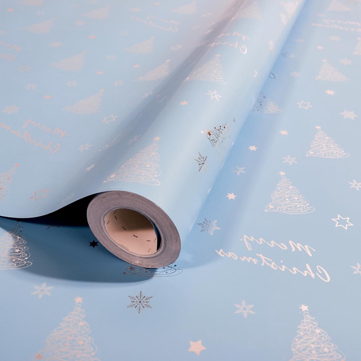 Kerstcadeau Inpakpapier Rol 43cm x 12m Metalen Cadeaupapier met Sneeuwvlokken en Kerstboompatronen voor Feestdagen, Verjaardagen en Decoraties (Blauw)
