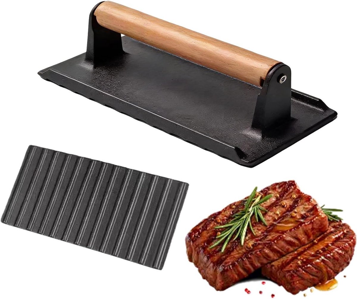 Vleespers - Grill pers - Gelijkmatig Grillen - Houten Handvat - 16x8x8 cm - Zwart