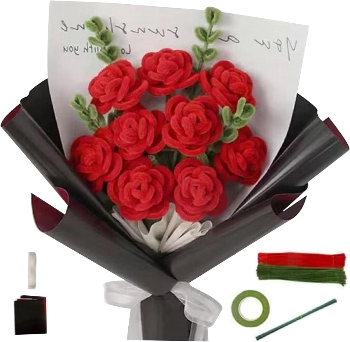 Pijpenreiniger Rozenboeket - Knutselset Bloem - Bloemen Maken - Handgemaakte Decoratie - 31 x 15 x 2 cm - Rood