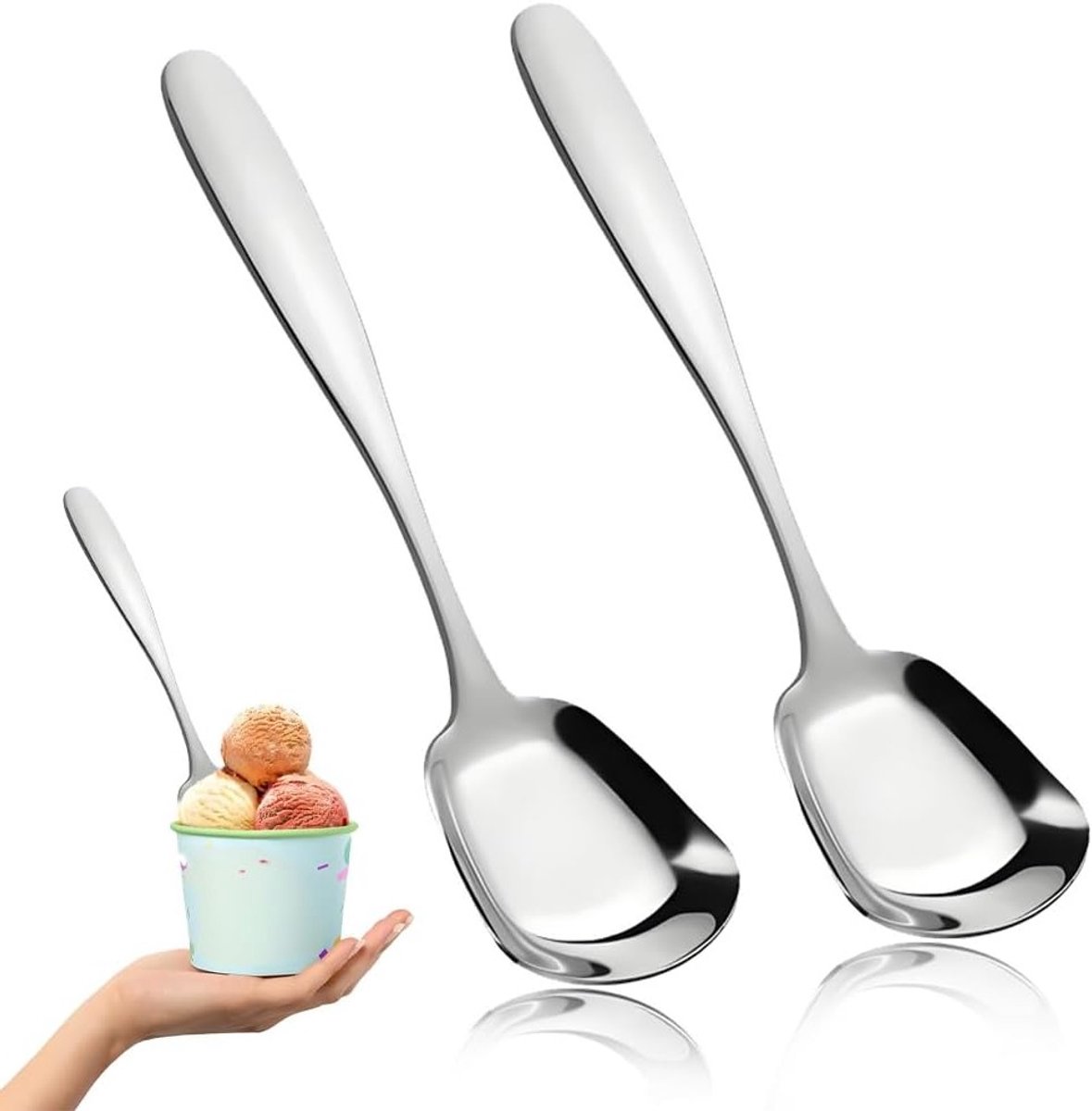 Set van 2 Roestvrijstalen IJslepel voor Dessert - Glanzend Gepolijst, Vaatwasserbestendig, Ideaal voor Thuis en Restaurantgebruik