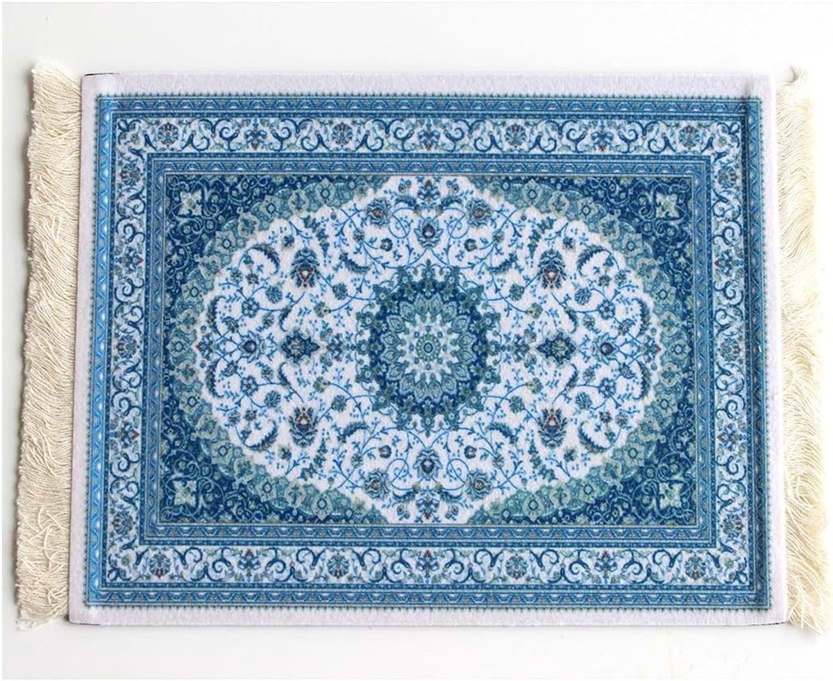Creatieve Mini Oosterse Tapijt Motief Muismat van Textiel met Katoenen Franje - 28 x 18 cm, Blauw, Ideaal voor Thuis en Kantoor