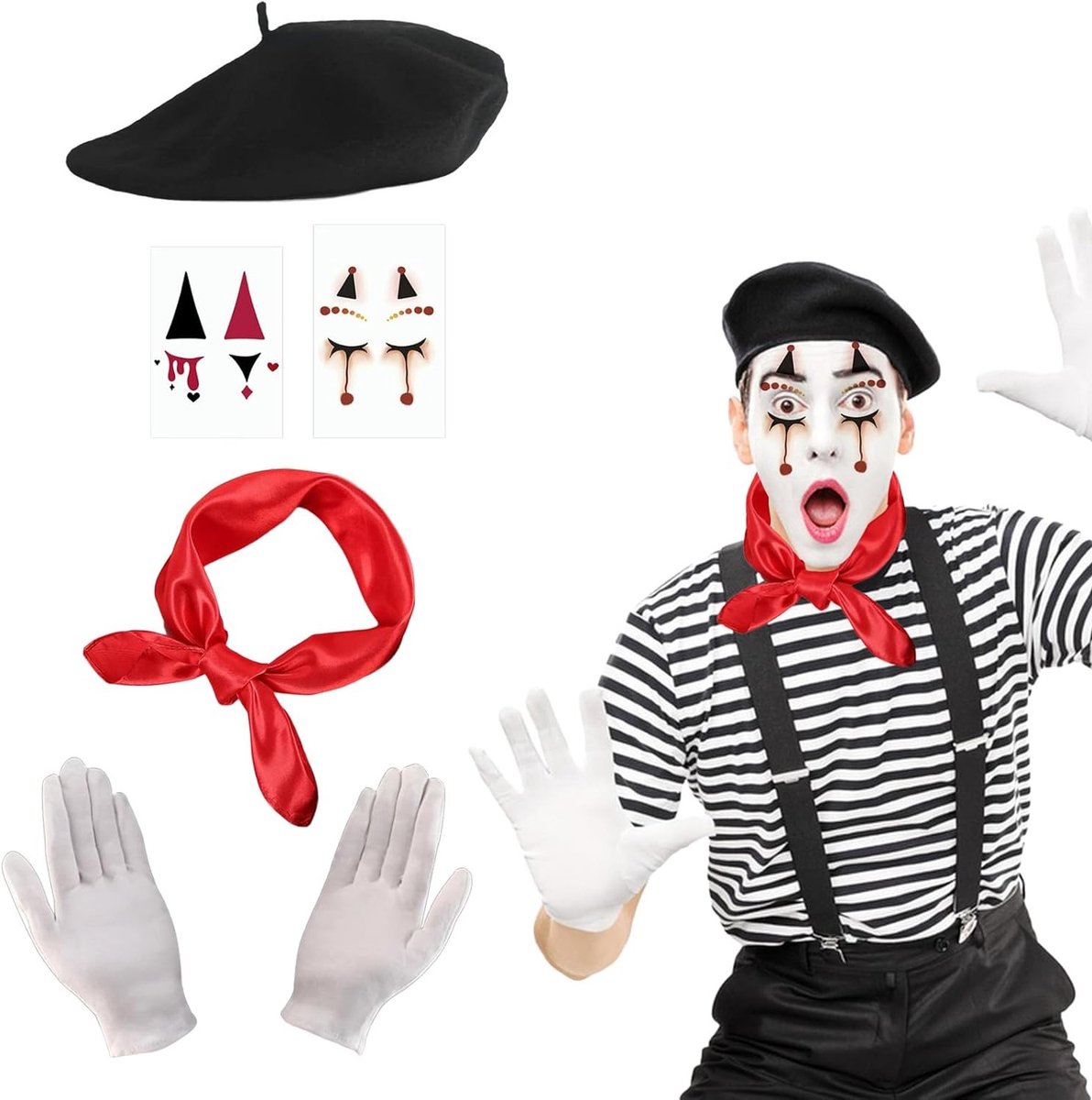 Pantomime Kostuum voor Volwassenen - 4-delige Set met Zwarte Baret, Rode Kleding, Witte Handschoenen en Gezichts Tatoeages voor Carnaval en Themapartijen