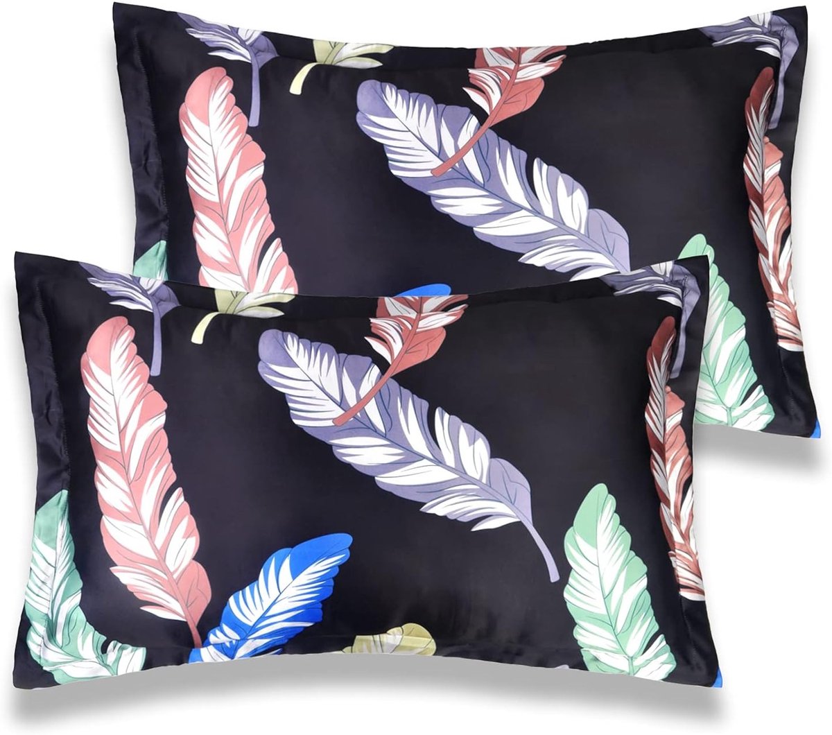 Zijdeachtige Kussenslopen voor Haar en Huid, Set van 2, 76 x 50 cm, Luxe Zacht en Elegant met Bladerenpatroon (Zwart)
