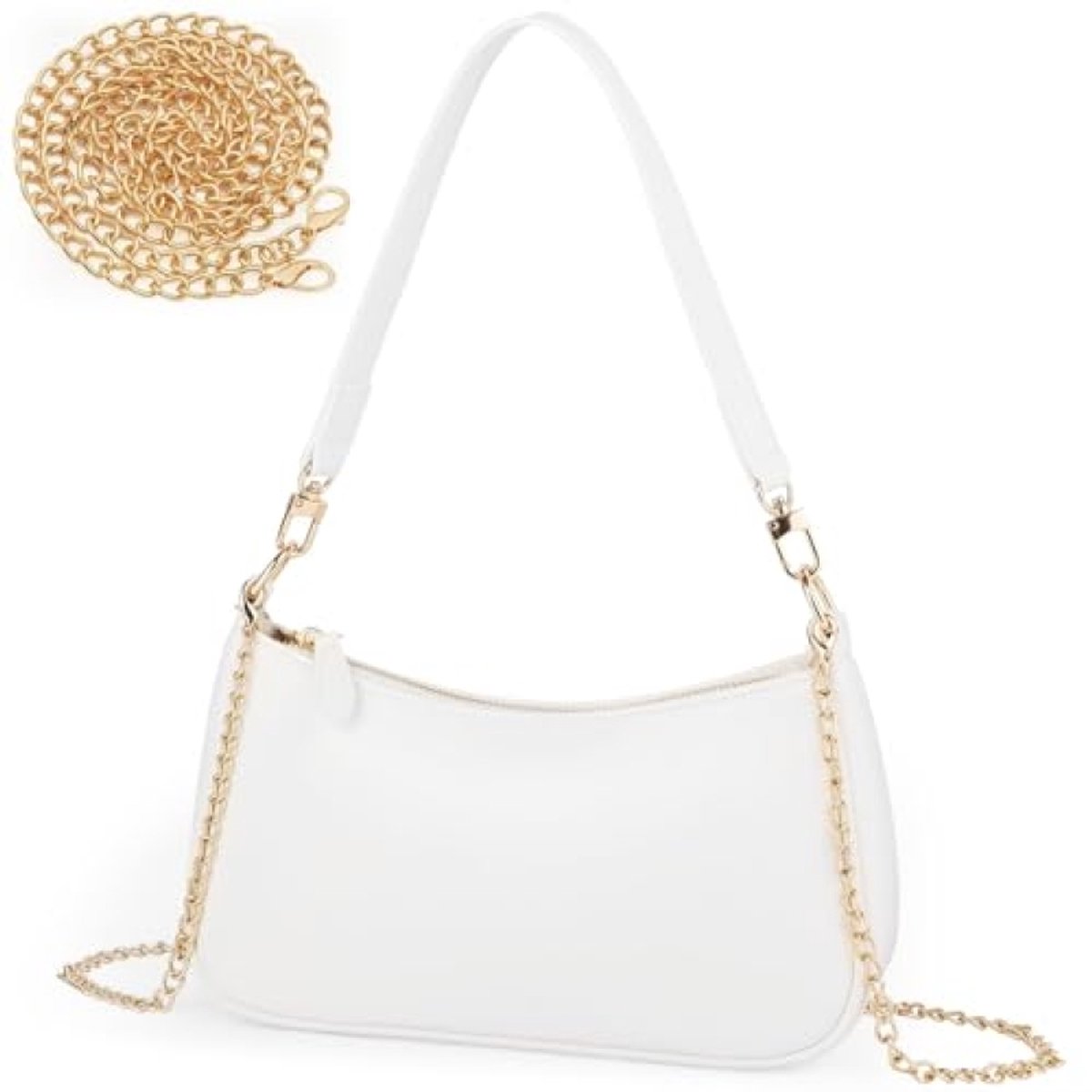 Kleine schoudertas voor dames, PU-leer, clutch met ketting, hobo-handtas, retro okselzak, elegant, voor feestjes en winkelen, wit, 26x8x15 cm