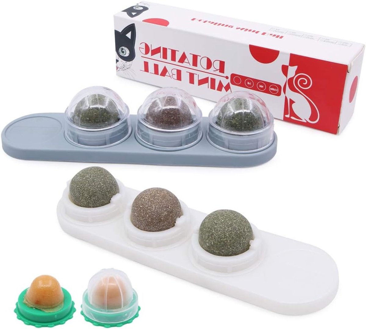 2-Pack Catnip Wandballen voor Katten, 4-in-1 Natuurlijke Lickende Snoepjes en Speelgoed voor Wandbevestiging met Kattenvoer (Wit+Grijs)