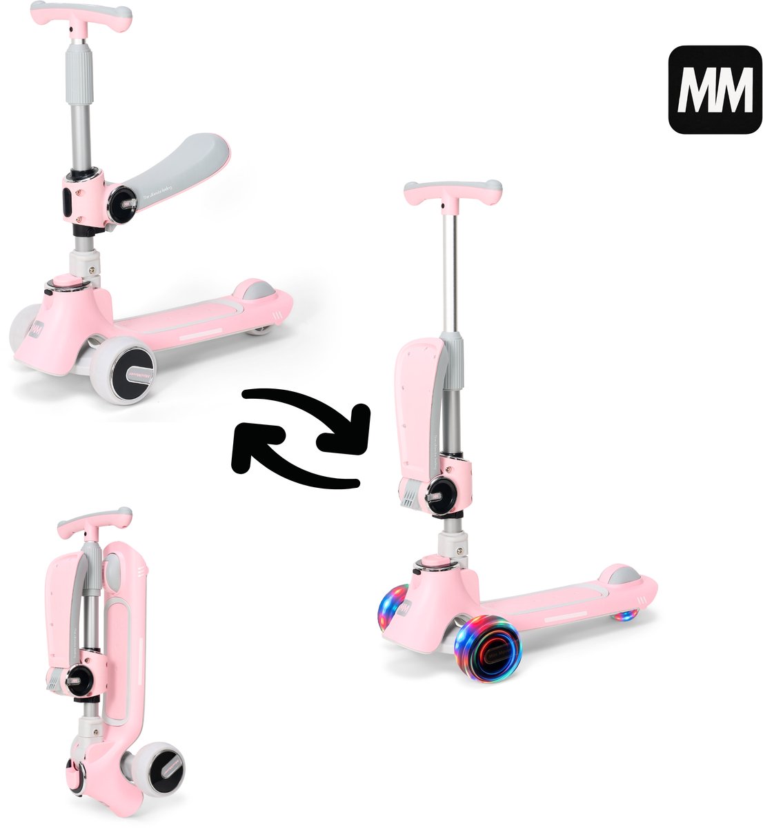 MiniMover Kinderstep 2-in-1 - Roze - Loopfiets en Step - LED Wielen - 3 Wielen - Tot 50 kg