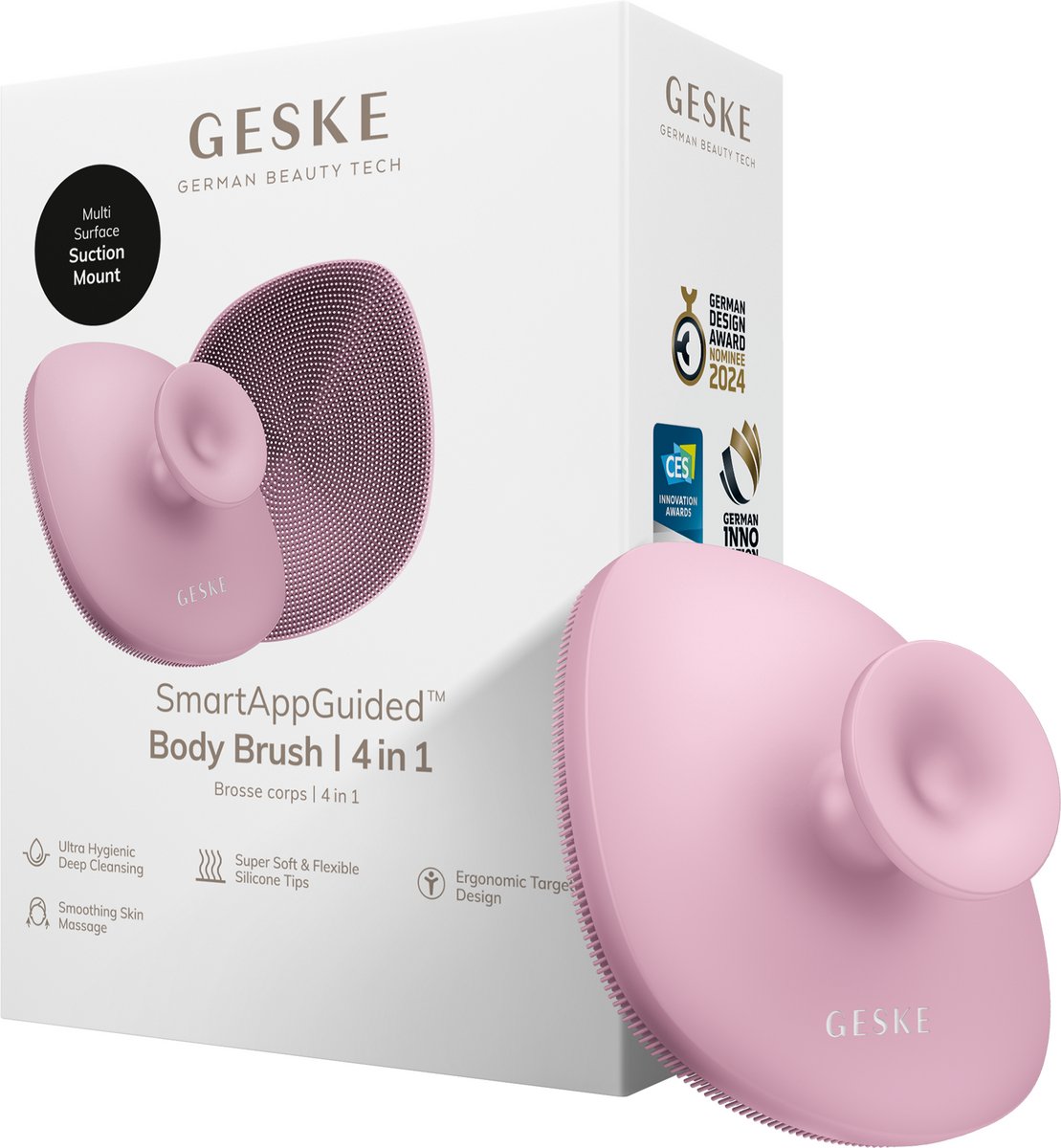 GESKE Body Brush | 4 in 1 | Reinigingsborstel voor het hele lichaam | Dieptereiniging | Zachte siliconen borstelharen | Ergonomisch ontwerp met twee vingers | Reinigingen en massages