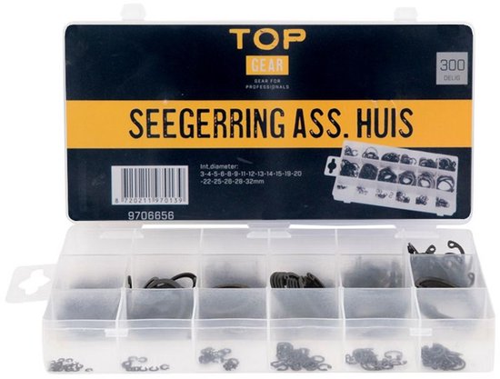 Verpakking met TOPGEAR seegerringenset, assortimentsdoos met zwarte ringen.