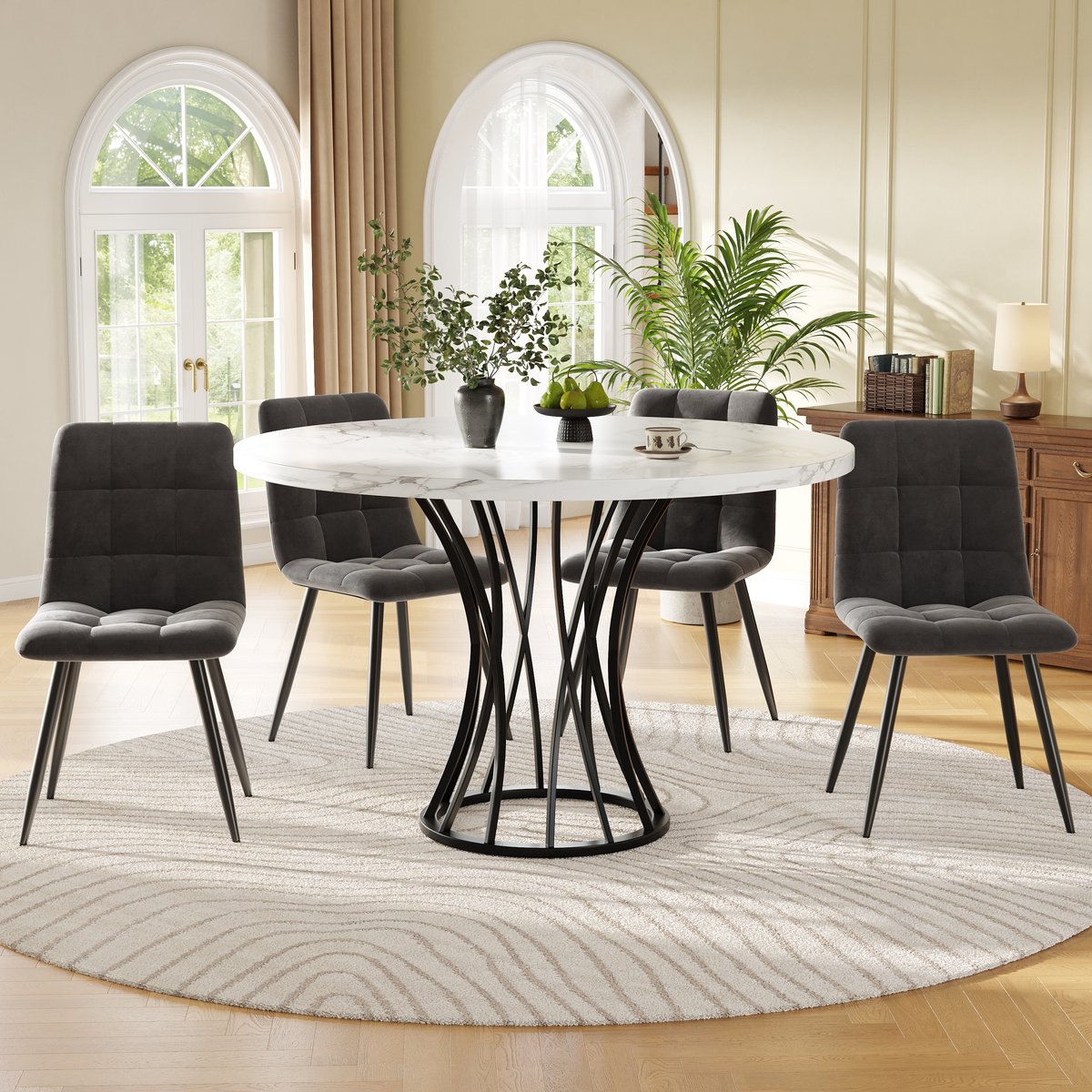 MIVRAY Eettafelset - Ronde Tafel Met 4 Fluwelen Stoelen - Verstelbare Poten Voor Keuken En