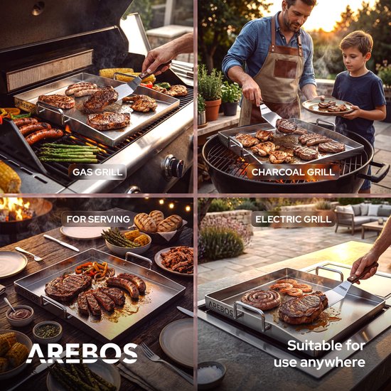 AREBOS RVS Plancha 40x30 cm 800°C BBQ Bakplaat met 2 Spatels 5 Spiezen LFGB — afbeelding 4