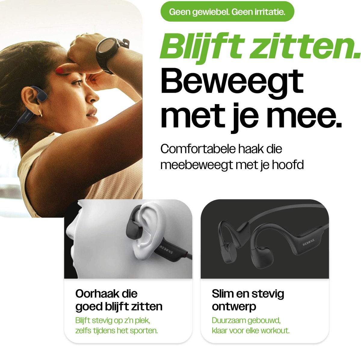 REBØNE Core Bone Conduction Headphone - Sport Oortjes Draadloos - Hardloop Hoofdtelefoon - Draadloze Bluetooth Koptelefoon - Sportoordopjes - Draadloos - Hardlopen - Open Ear - Wireless - IPX5 waterdicht / Zwart — afbeelding 6