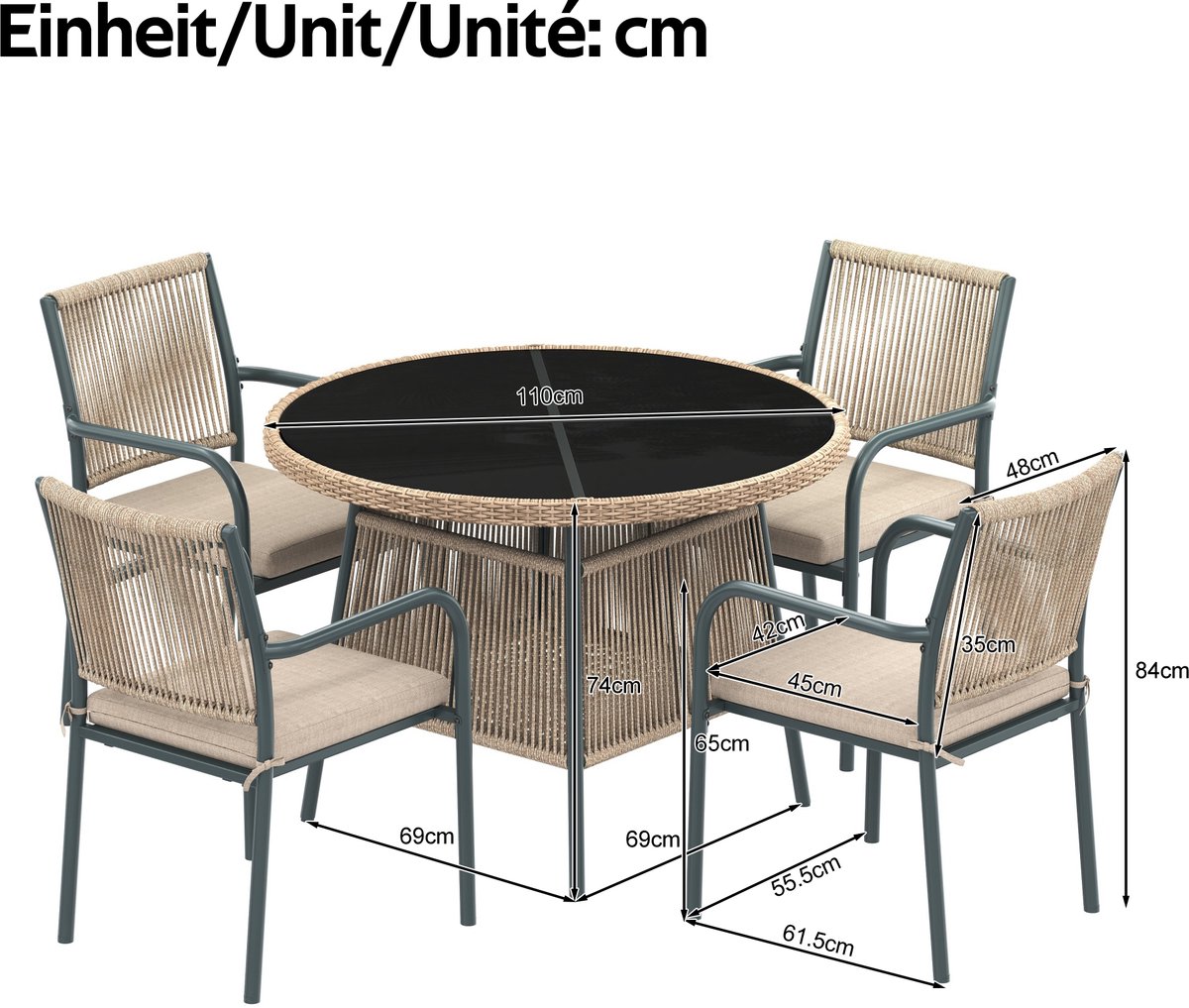 Gutent Loungesets - Tuinset - 5 Delig - 1 Ronde Glazen Tafel - 4 Armstoelen - Metaal Gestel - Voor Tuin Terras - Grijs – foto 5