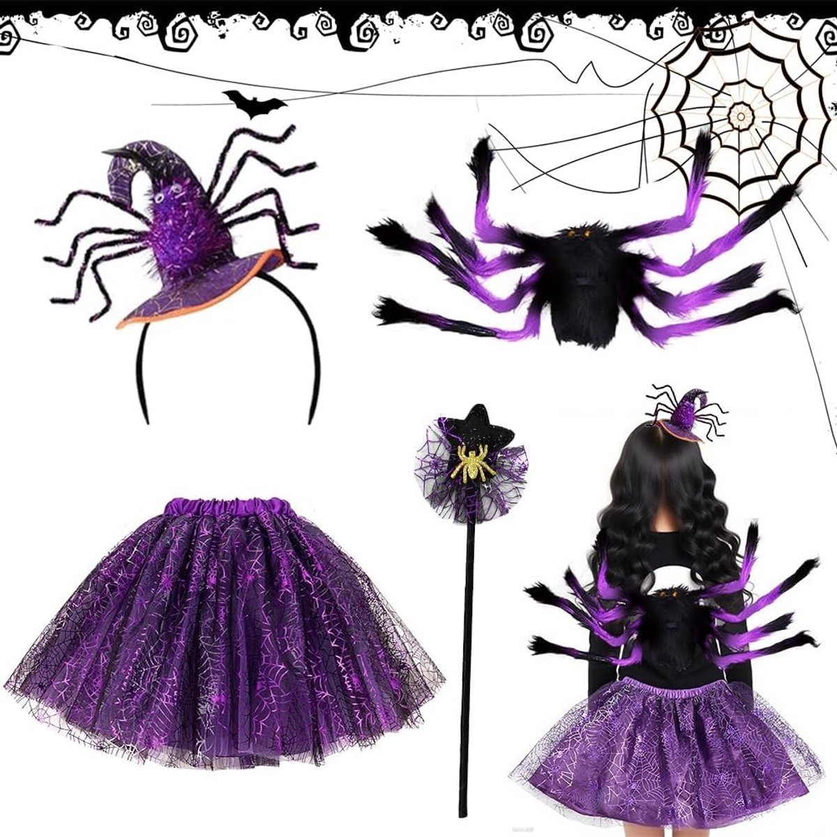 Spinnenkostuum voor Kinderen met Tulle Rok, Spinnenhoofdband en Pluche Spin voor Halloween en Carnaval Feestjes