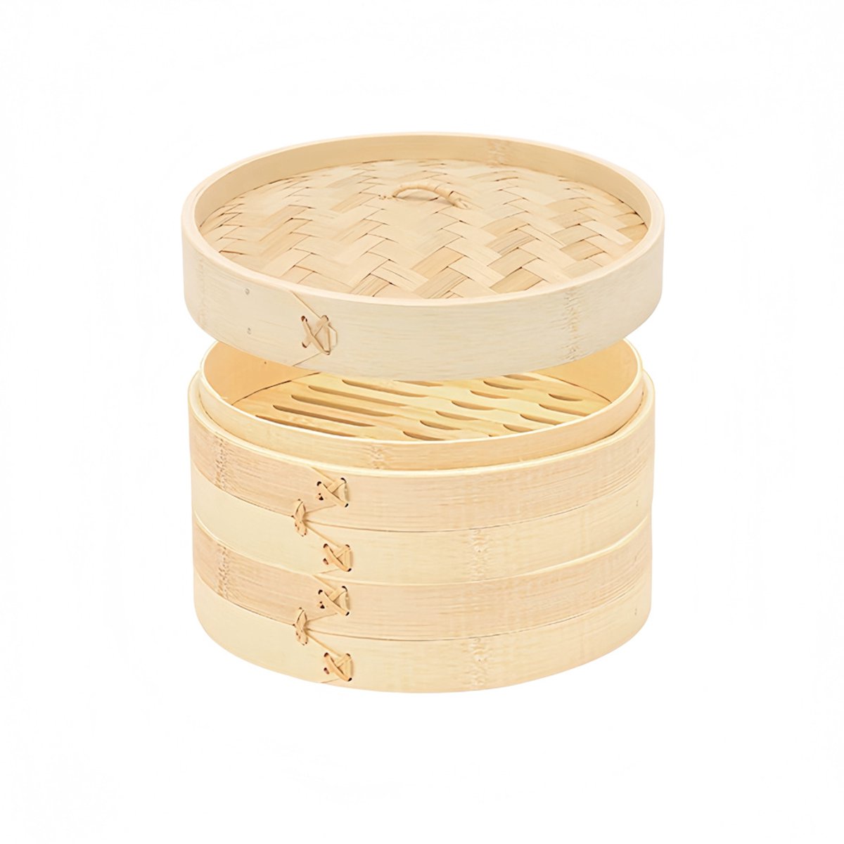 Decopatent - 3 Delig Stoommandje met deksel - Ø24 Cm - Bamboe Hout - Rijst Stoommanden - Stomer - Steamer Cooker - Dim Sum Stoomschaal