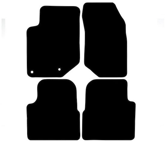 Zwarte automatten set voor Peugeot 2008, met twee ronde bevestigingsgaten vooraan.