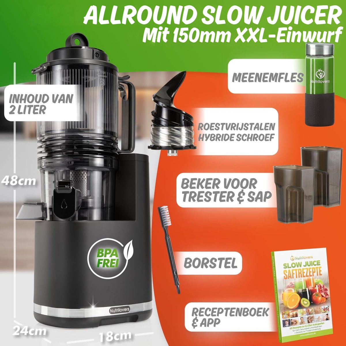 Nutrilovers Slow Juicer NUTRI-PRESS MAX sapcentrifuge voor hele vruchten met XXL-opening van 150 mm, BPA-vrij, incl. sapfles en receptenboek voor slow juice thumbnail 4