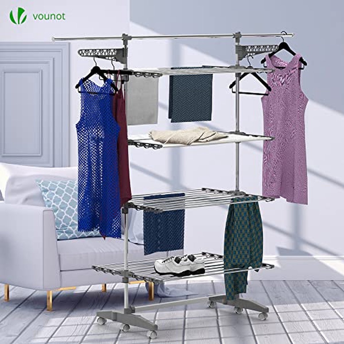 Droogrek Met Wielen - Kledingrek Vlier - Kleding Drogen - 28 Meter Drooglengte - 4 Niveaus - Zilver thumbnail 4